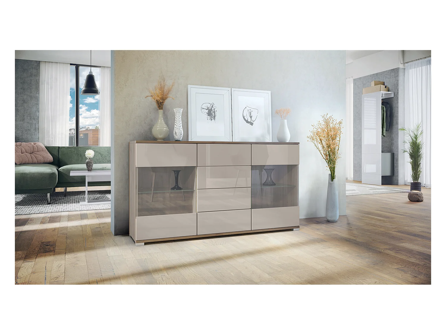 Buffet Bari V1 – Meuble avec 2 Grandes Portes et 4 Tiroirs, Chêne Evoke/gris sable haute brillance (138,5 x 75,5 x 35)