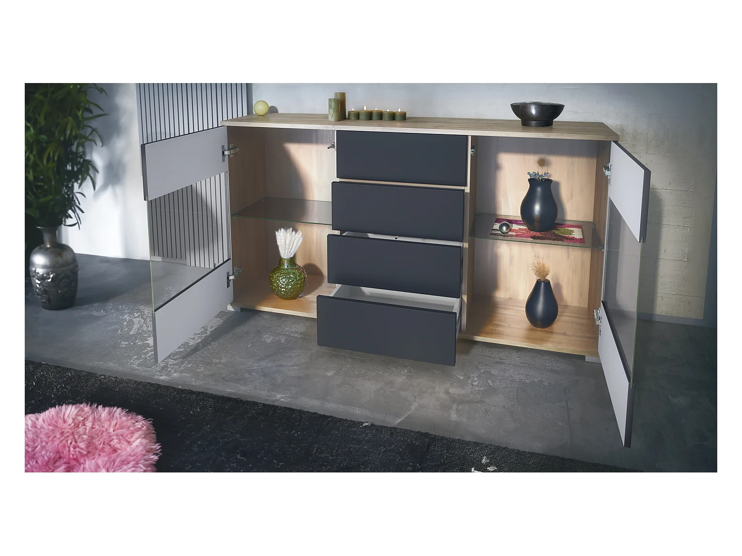 Buffet Bari V1 – Meuble avec 2 Grandes Portes et 4 Tiroirs, Chêne Evoke/gris sable haute brillance (138,5 x 75,5 x 35)