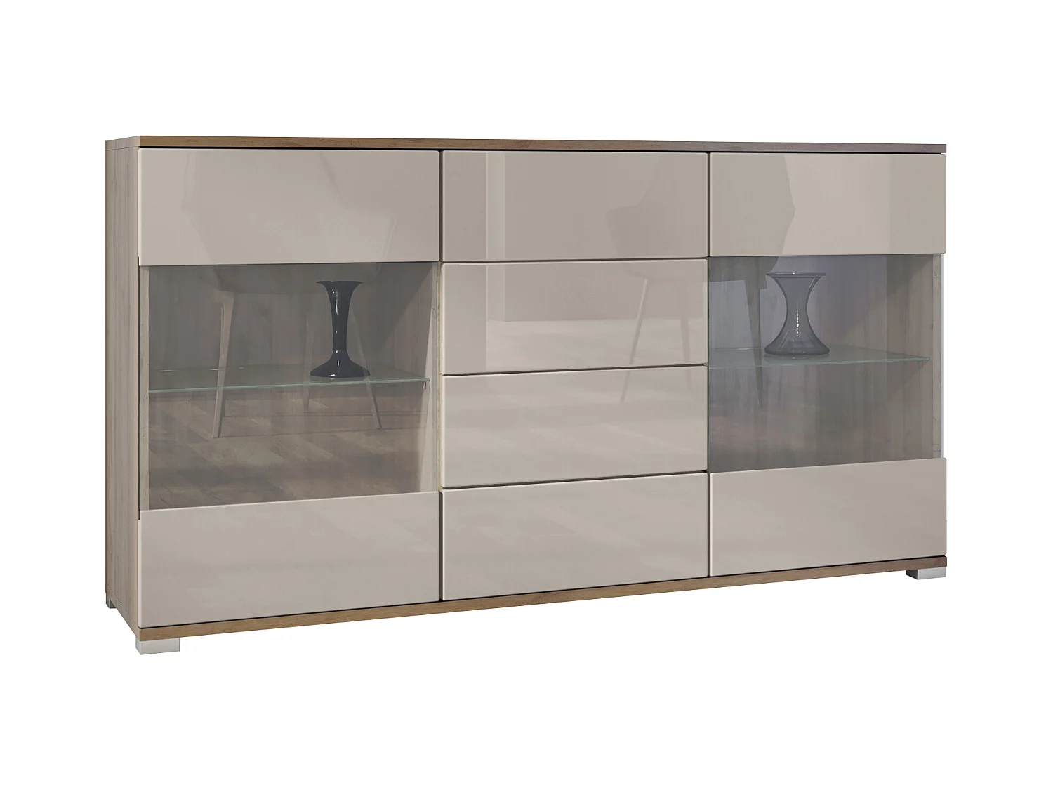 Buffet Bari V1 – Meuble avec 2 Grandes Portes et 4 Tiroirs, Chêne Evoke/gris sable haute brillance (138,5 x 75,5 x 35)