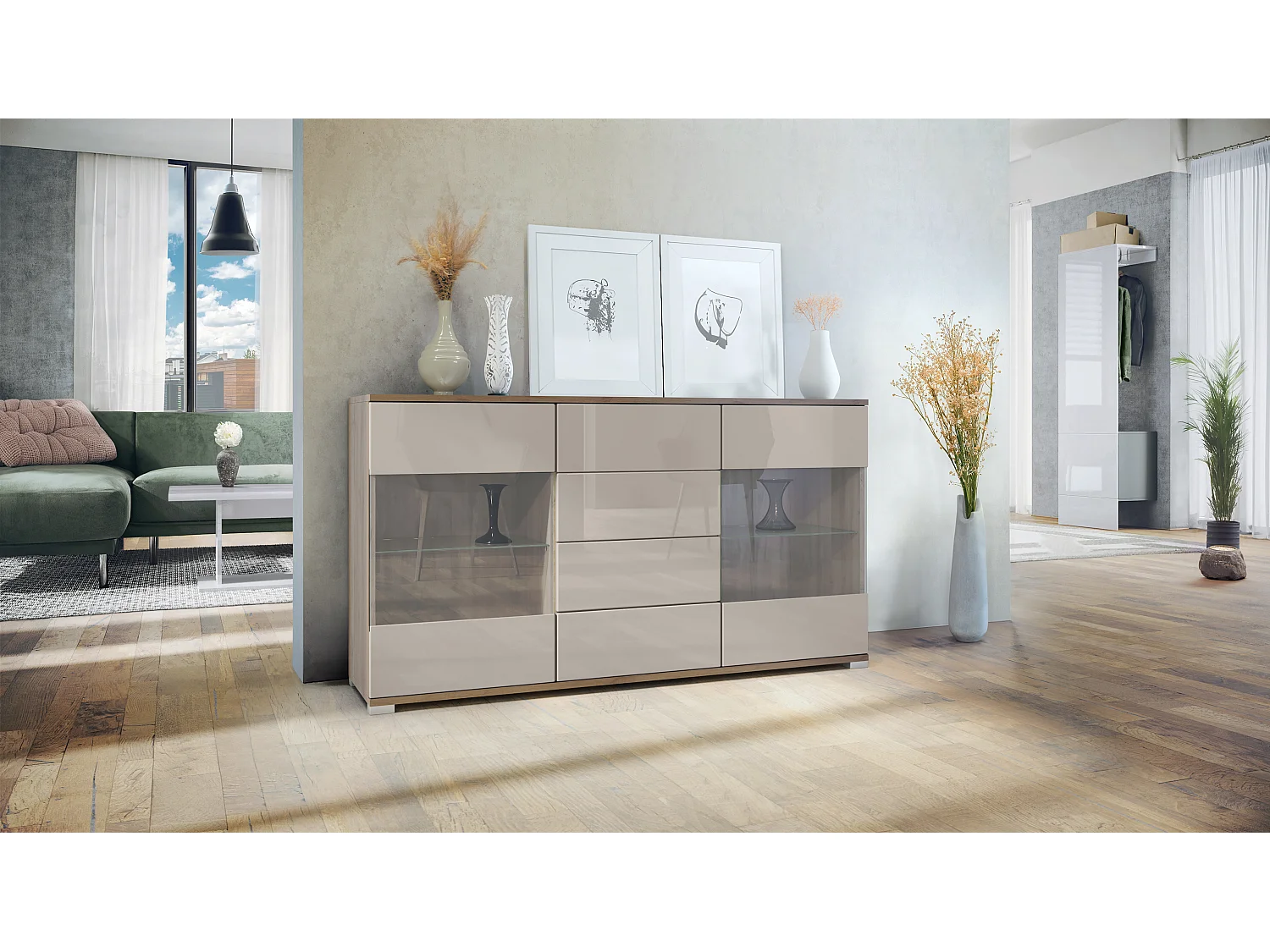 Credenza Bari  V1 – Mobile con 2 Grandi Ante e 4 Cassetti, Quercia Evoca/grigio sabbia lucido (138,5 x 75,5 x 35)