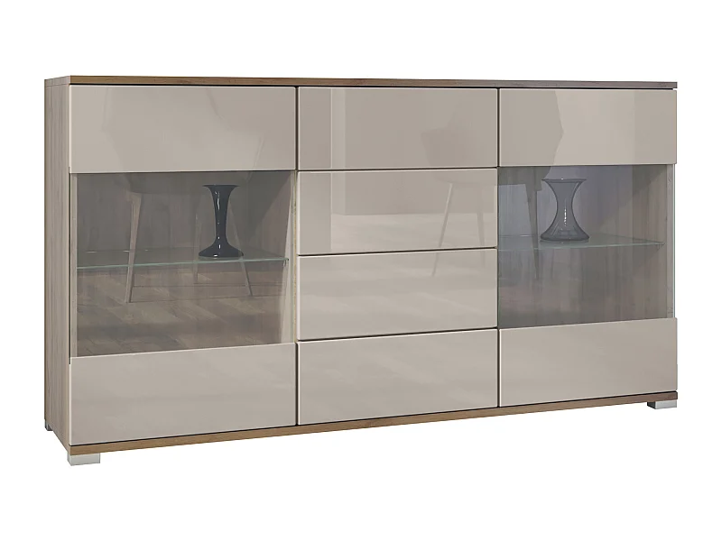 Buffet Bari V1 – Meuble avec 2 Grandes Portes et 4 Tiroirs, Chêne Evoke/gris sable haute brillance (138,5 x 75,5 x 35)