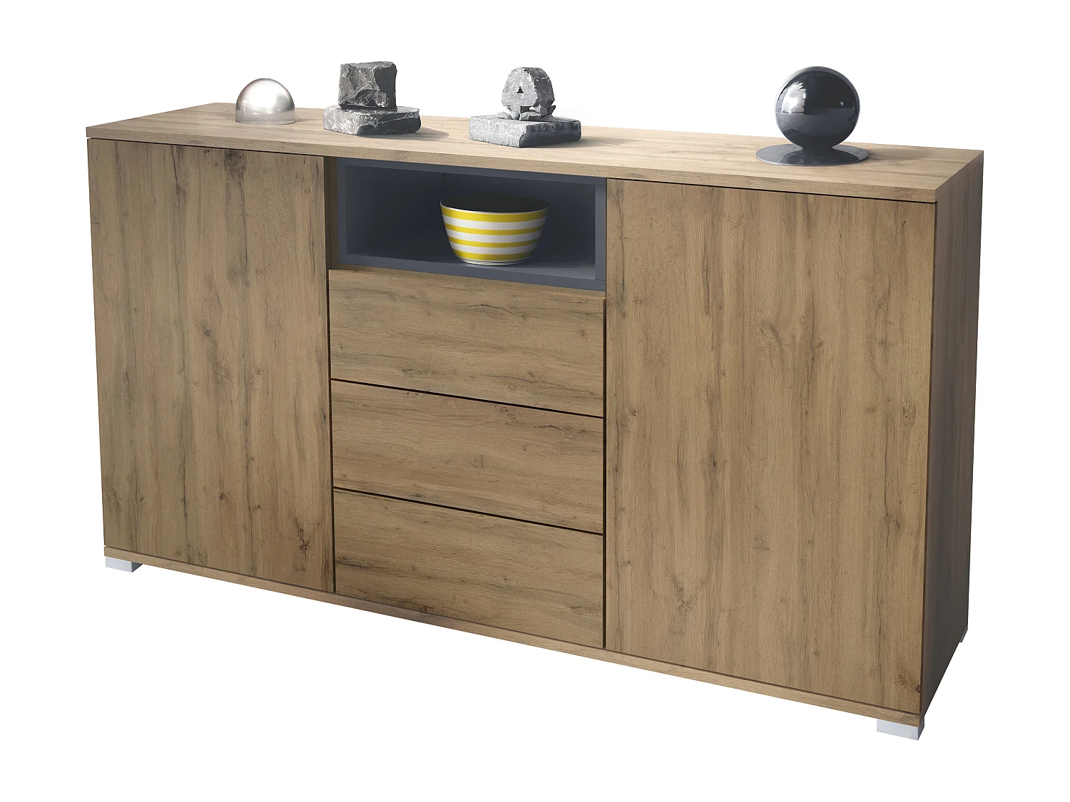 Skadu V2 Buffet, Commode avec 2 portes, 3 tiroirs et 1 compartiment ouvert, Chêne Evoke/anthracite mat (138,5 x 75,5 x 35 cm)