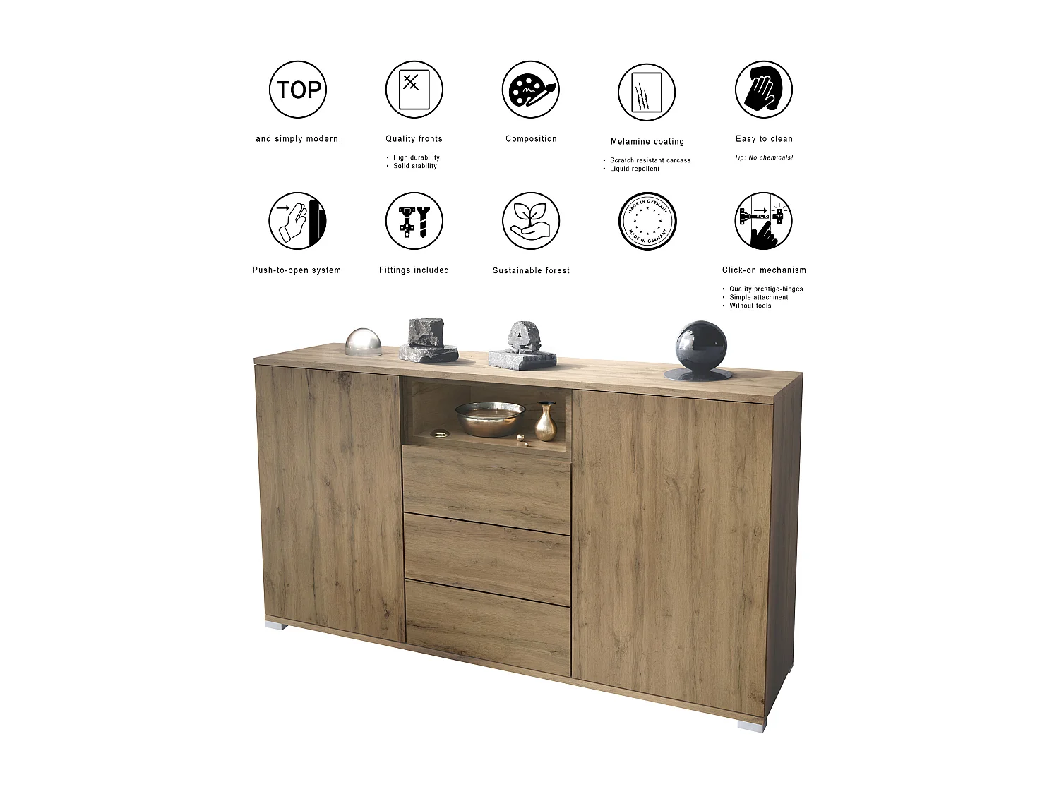 Skadu V2 Buffet, Commode avec 2 portes, 3 tiroirs et 1 compartiment ouvert, Chêne Evoke/anthracite mat (138,5 x 75,5 x 35 cm)