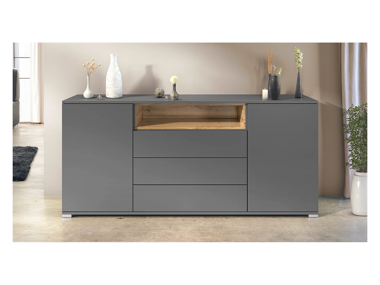 Skadu V4 Buffet, Commode avec 2 portes, 3 tiroirs et 1 compartiment ouvert, anthracite mat/chêne nature (166,5 x 75,5 x 35 cm)