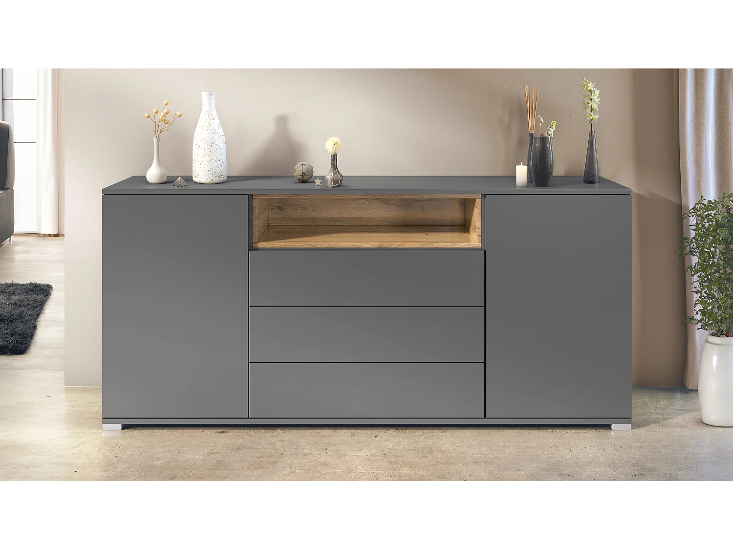 Skadu V4 Buffet, Commode avec 2 portes, 3 tiroirs et 1 compartiment ouvert, anthracite mat/chêne nature (166,5 x 75,5 x 35 cm)