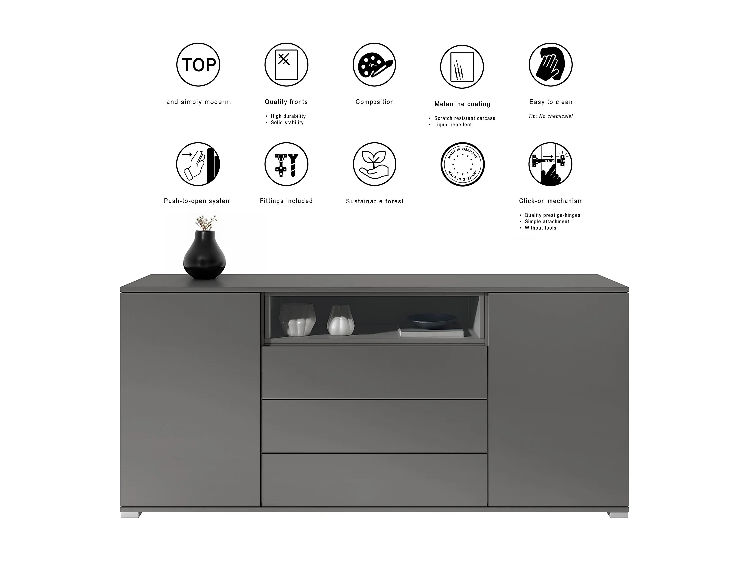 Skadu V4 Buffet, Commode avec 2 portes, 3 tiroirs et 1 compartiment ouvert, anthracite mat/chêne nature (166,5 x 75,5 x 35 cm)