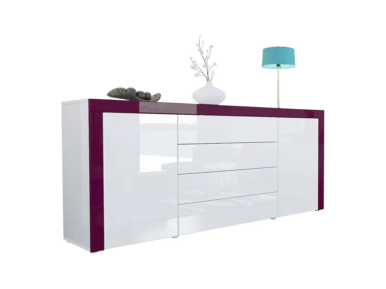 Buffet commode La Paz, Corps en Blanc haute brillance / Façades en blanc haute brillance avec une bordure en mûre haute brillance