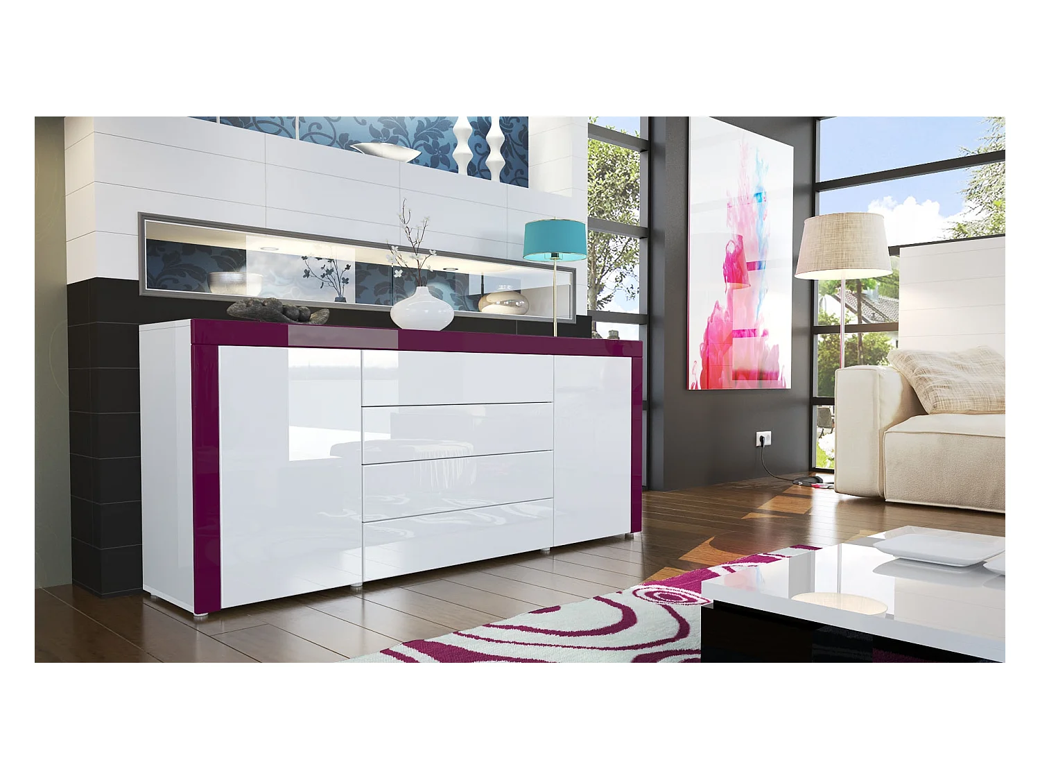 Buffet commode La Paz, Corps en Blanc haute brillance / Façades en blanc haute brillance avec une bordure en mûre haute brillance