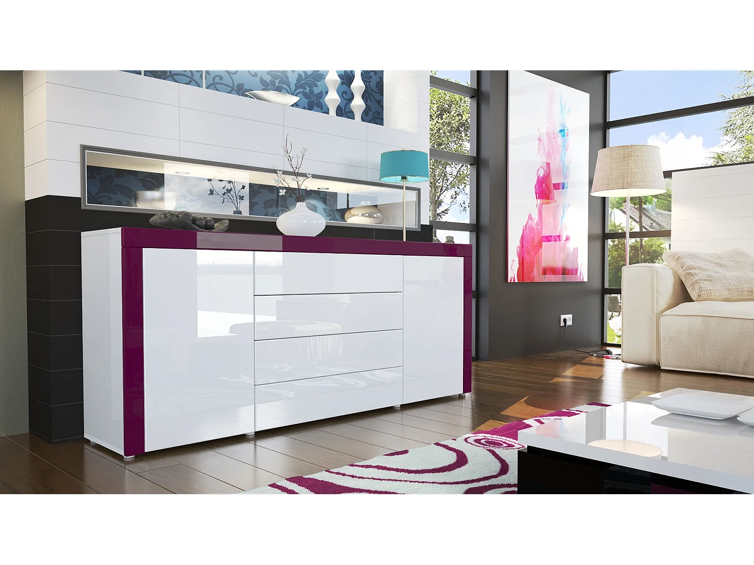 SIDEBOARD La Paz Weiß Hochglanz / Brombeer Hochglanz