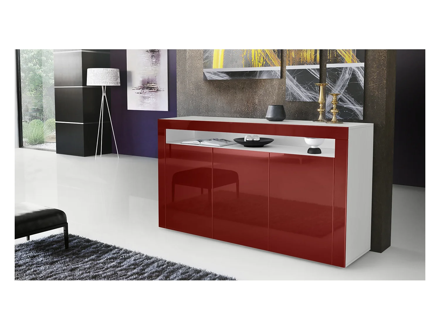 Buffet Valencia, Commode avec 3 portes et 1 compartiment ouvert, Blanc mat/bordeaux haute brillance/bordeaux haute brillance (155 x 92 x 40 cm)