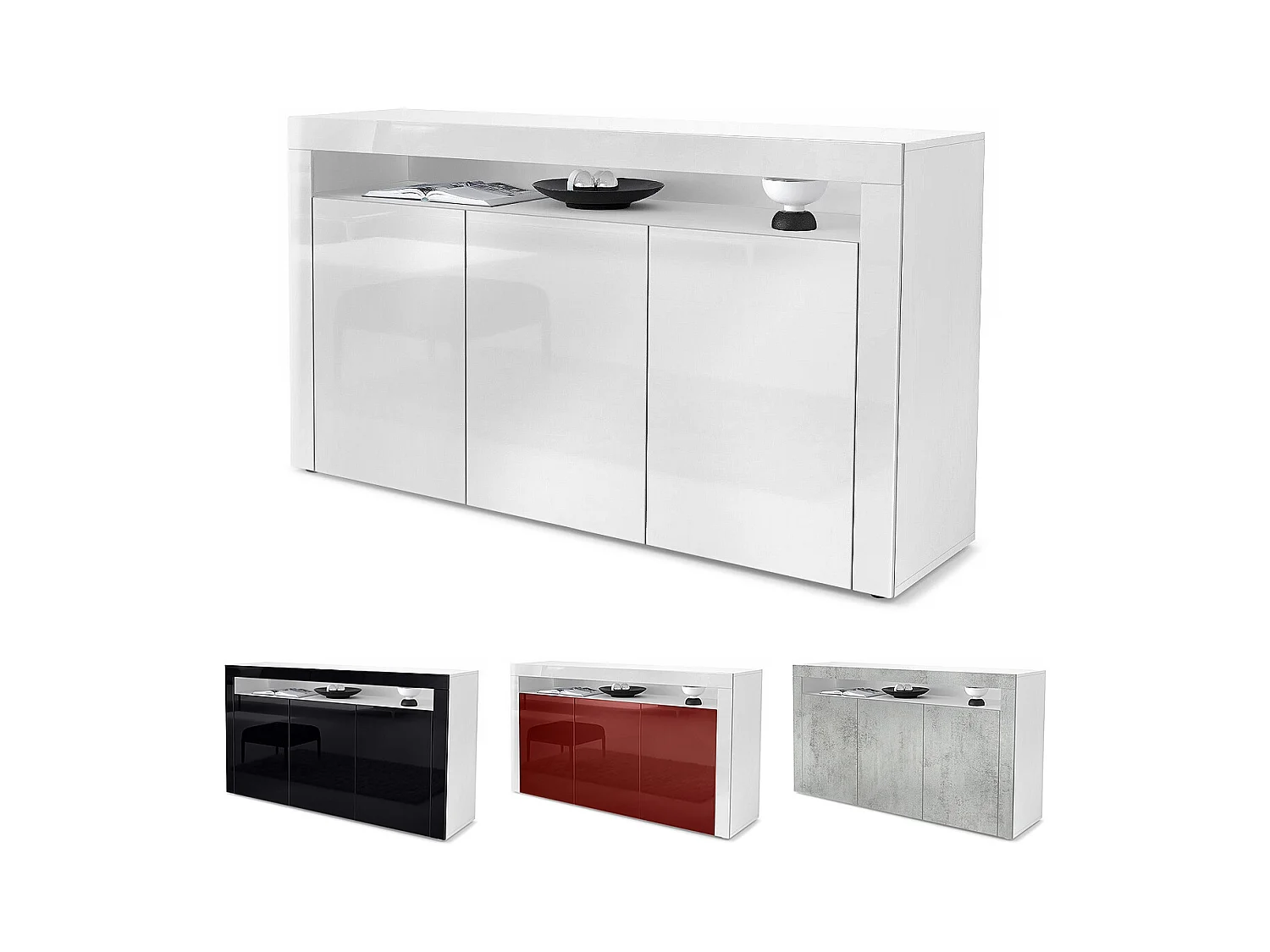 Buffet Valencia, Commode avec 3 portes et 1 compartiment ouvert, Blanc mat/bordeaux haute brillance/bordeaux haute brillance (155 x 92 x 40 cm)