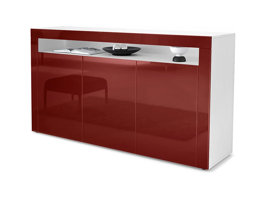 Buffet Valencia, Commode avec 3 portes et 1 compartiment ouvert, Blanc mat/bordeaux haute brillance/bordeaux haute brillance (155 x 92 x 40 cm)
