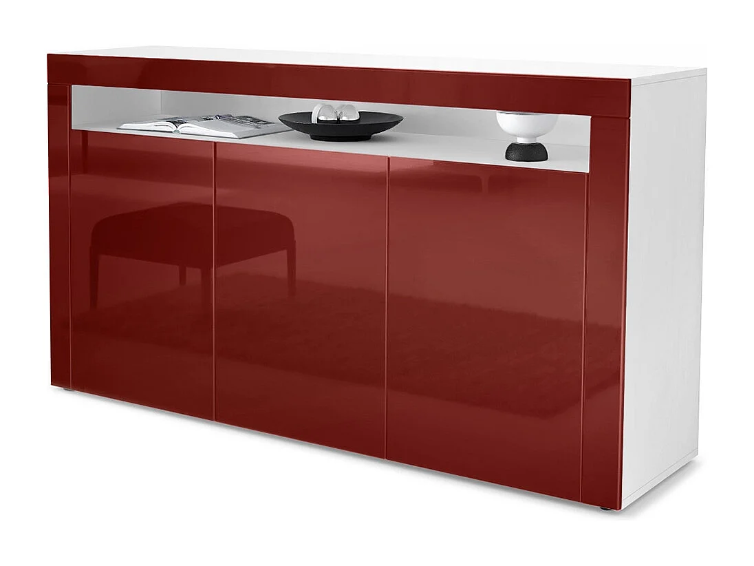 Vladon Cajonera Valencia, Cómoda con 3 Puertas y 1 Compartimento abierto, Blanco mate/burdeos de alto brillo/burdeos de alto brillo (155 x 92 x 40 cm)