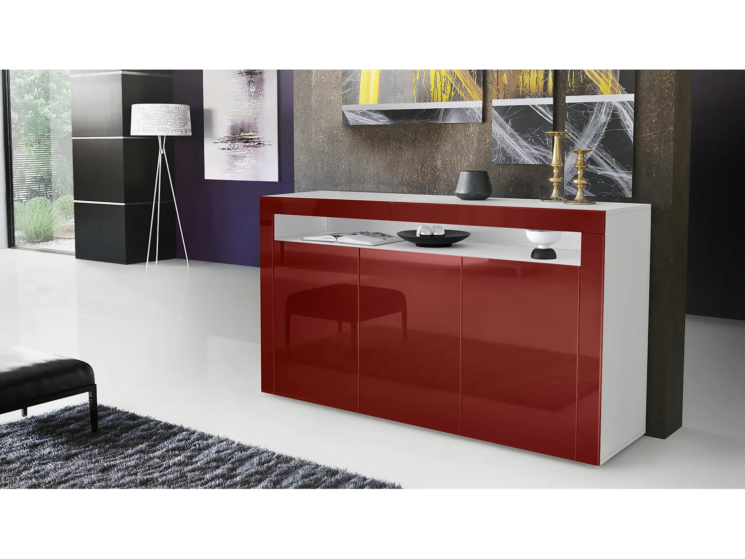 Vladon Cajonera Valencia, Cómoda con 3 Puertas y 1 Compartimento abierto, Blanco mate/burdeos de alto brillo/burdeos de alto brillo (155 x 92 x 40 cm)