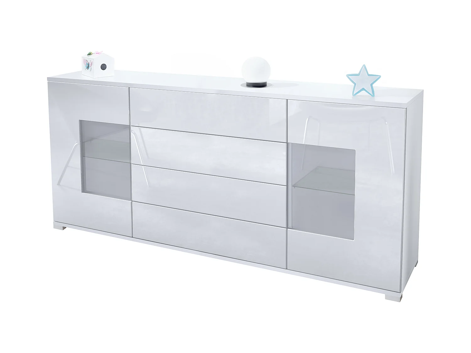 Buffet Grömitz V2 – Meuble avec 2 Grandes Portes et 4 Tiroirs, blanc mat/blanc haute brillance (166,5 x 75,5 x 35)