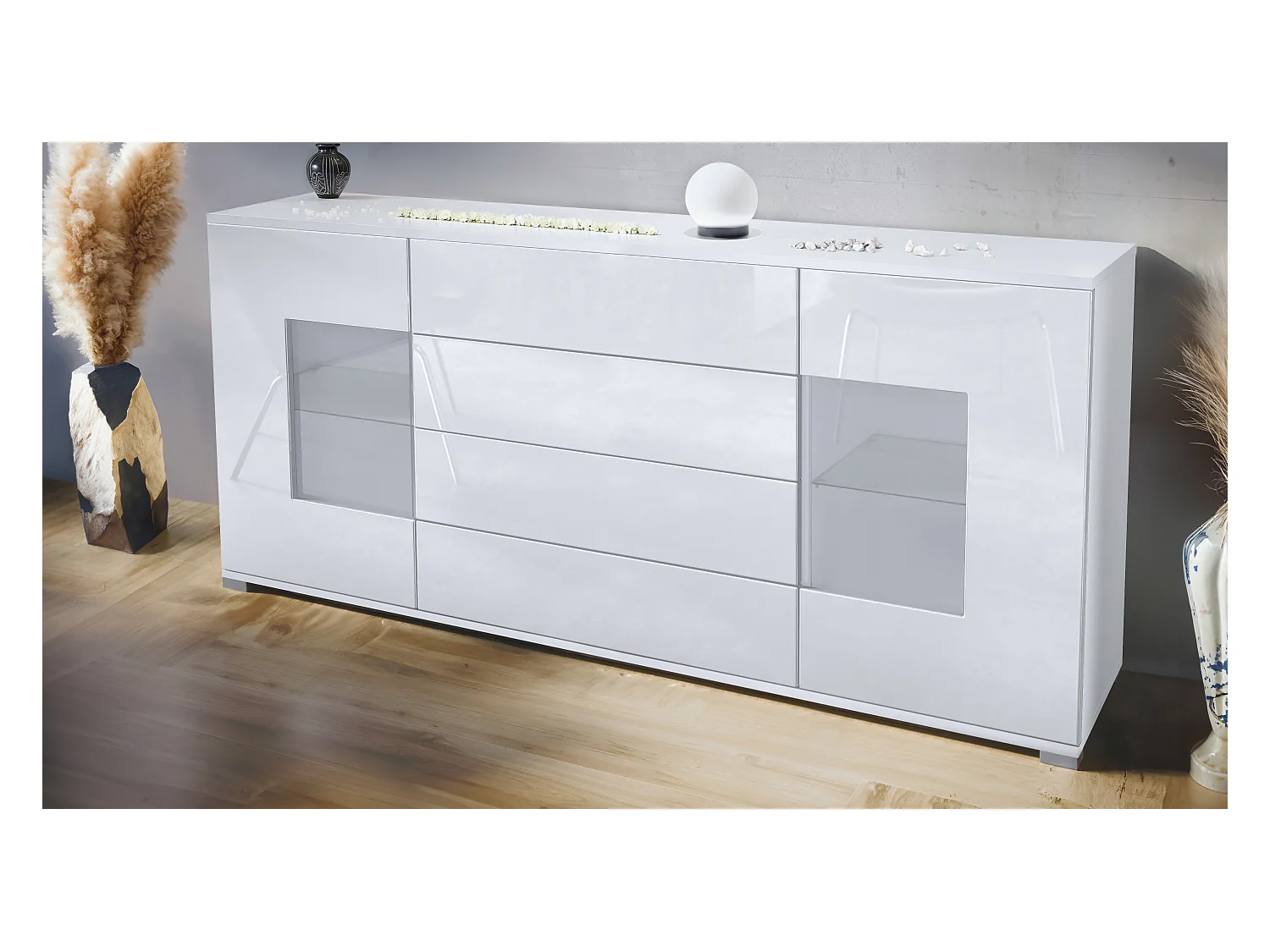 Buffet Grömitz V2 – Meuble avec 2 Grandes Portes et 4 Tiroirs, blanc mat/blanc haute brillance (166,5 x 75,5 x 35)