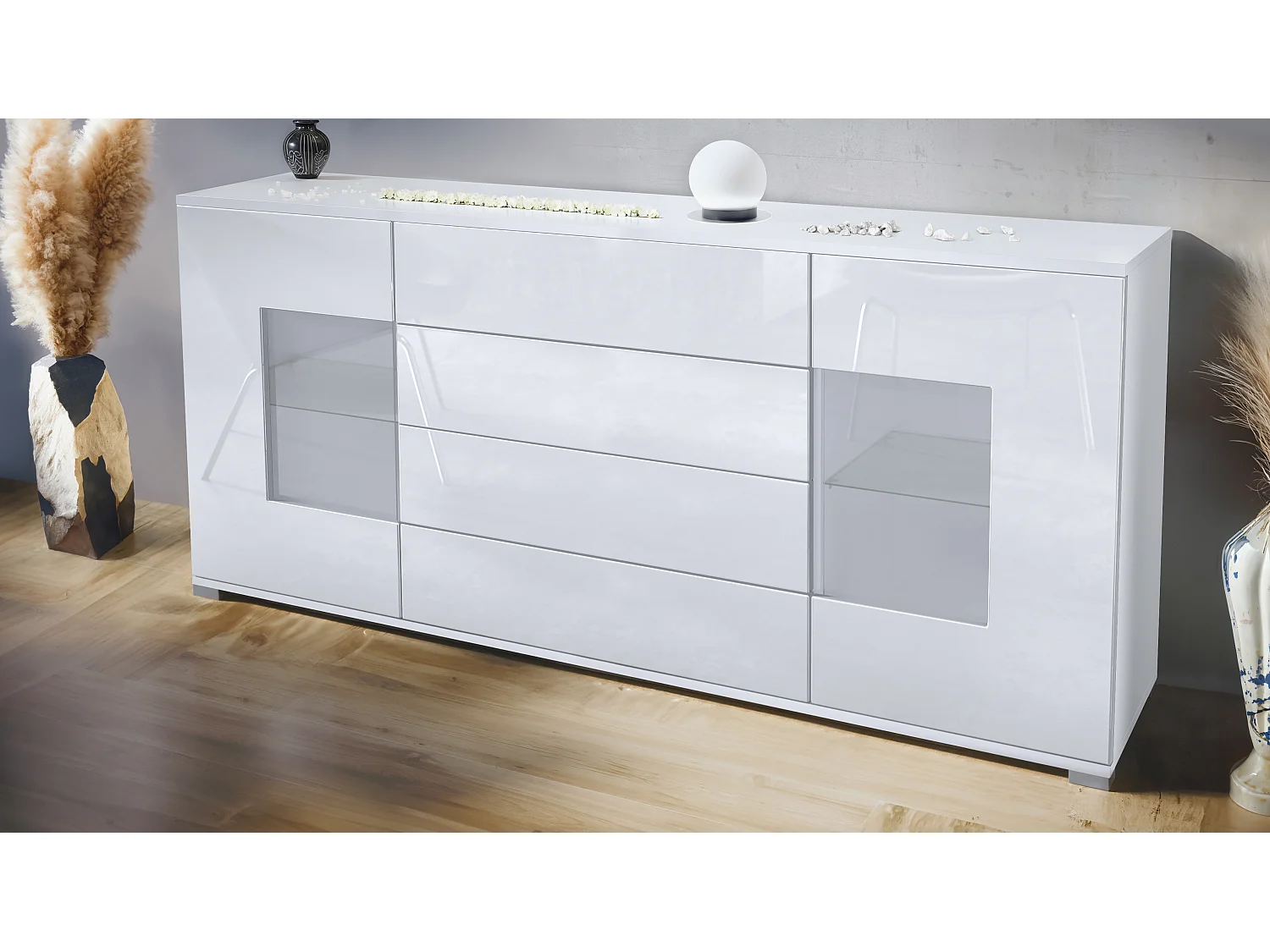 Credenza Grömitz V2 – Mobile con 2 Grandi Ante e 4 Cassetti, bianco opaco/bianco lucido (166,5 x 75,5 x 35)