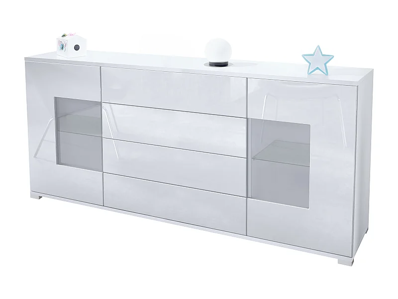 Credenza Grömitz V2 – Mobile con 2 Grandi Ante e 4 Cassetti, bianco opaco/bianco lucido (166,5 x 75,5 x 35)