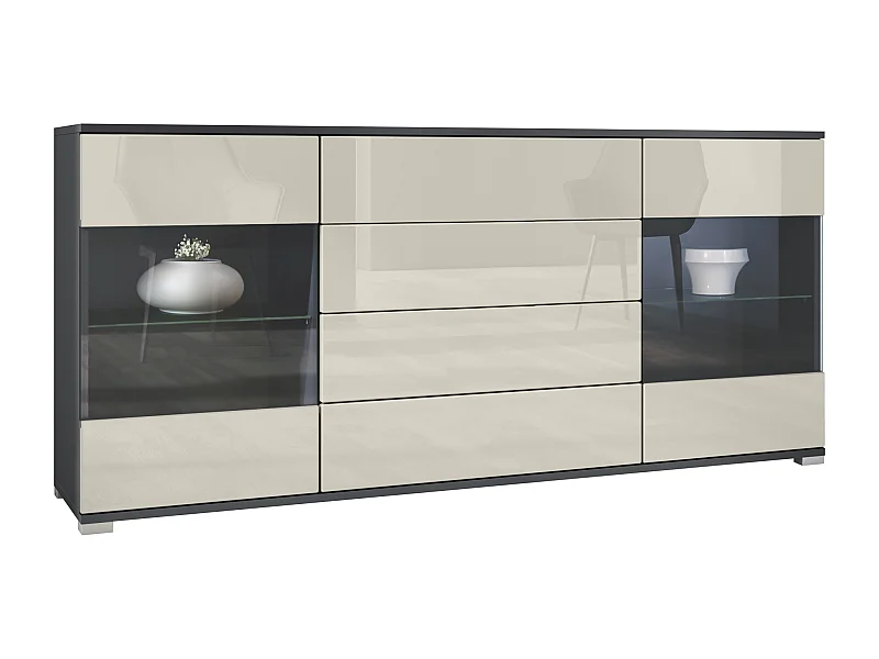 Buffet Bari V2 – Meuble avec 2 Grandes Portes et 4 Tiroirs, anthracite mat/crème haute brillance (166,5 x 75,5 x 35)