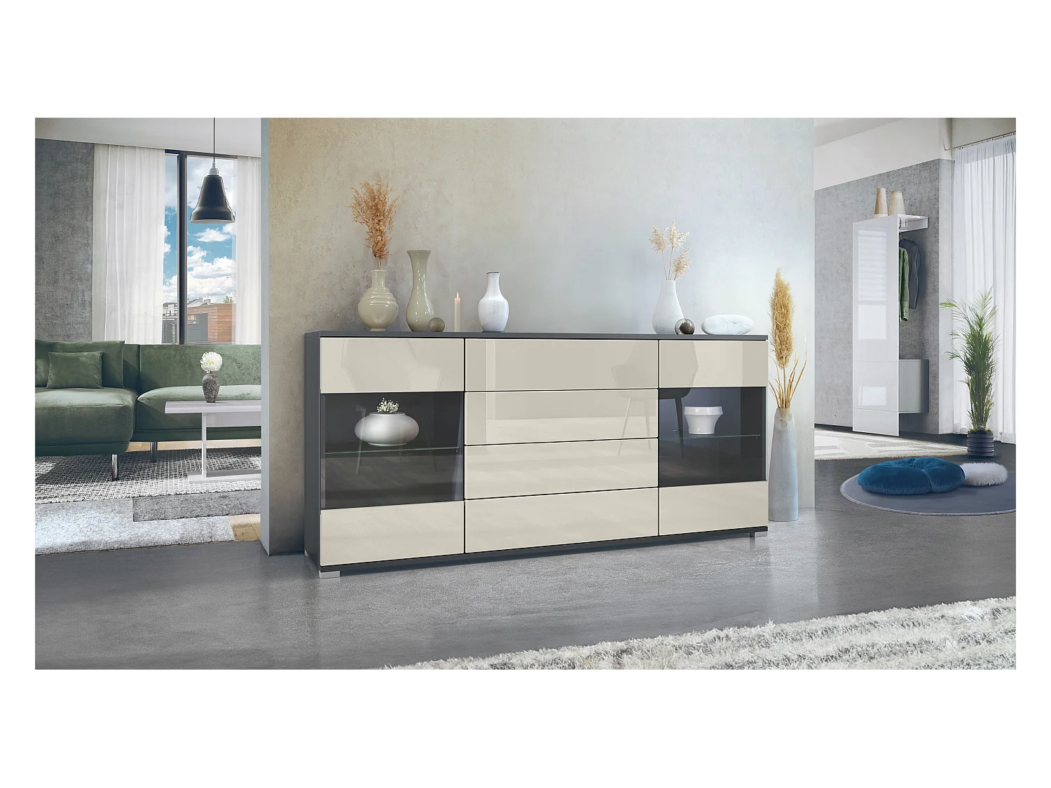 Buffet Bari V2 – Meuble avec 2 Grandes Portes et 4 Tiroirs, anthracite mat/crème haute brillance (166,5 x 75,5 x 35)