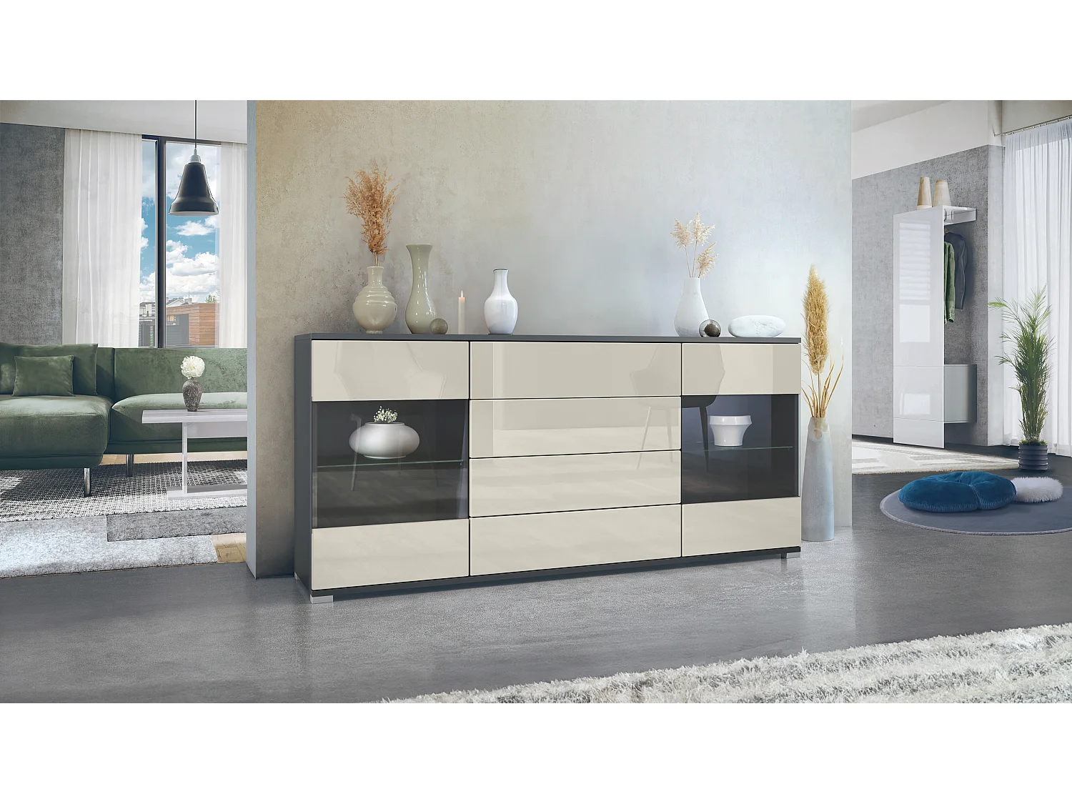 Buffet Bari V2 – Meuble avec 2 Grandes Portes et 4 Tiroirs, anthracite mat/crème haute brillance (166,5 x 75,5 x 35)
