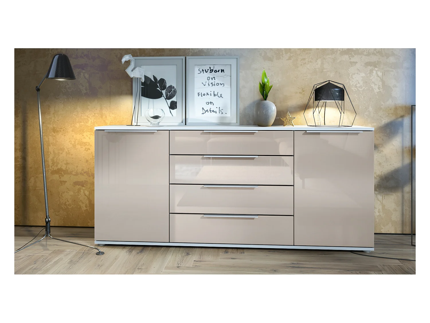 Buffet Linio V2 – Commode moderne avec 2 portes et 4 tiroirs, blanc mat/gris sable haute brillance, 166,5 x 75,5 x 35 cm (L x H x P) – Meuble de rangement bahut