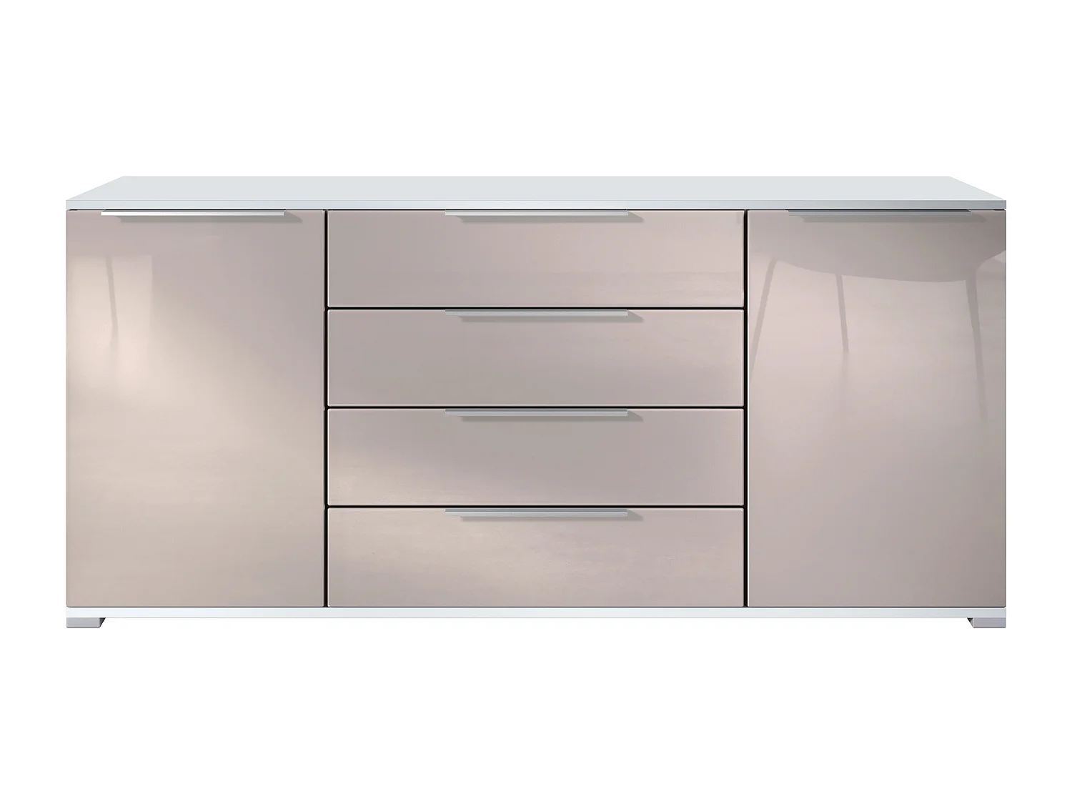 Buffet Linio V2 – Commode moderne avec 2 portes et 4 tiroirs, blanc mat/gris sable haute brillance, 166,5 x 75,5 x 35 cm (L x H x P) – Meuble de rangement bahut