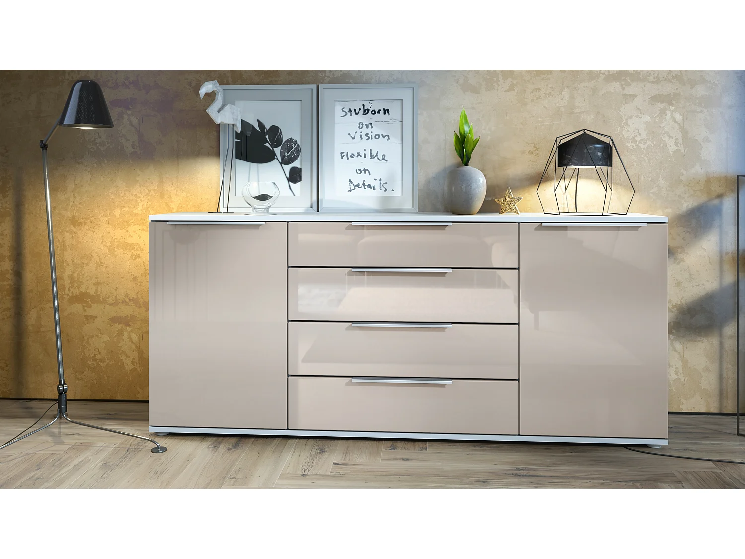 Buffet Linio V2 – Commode moderne avec 2 portes et 4 tiroirs, blanc mat/gris sable haute brillance, 166,5 x 75,5 x 35 cm (L x H x P) – Meuble de rangement bahut