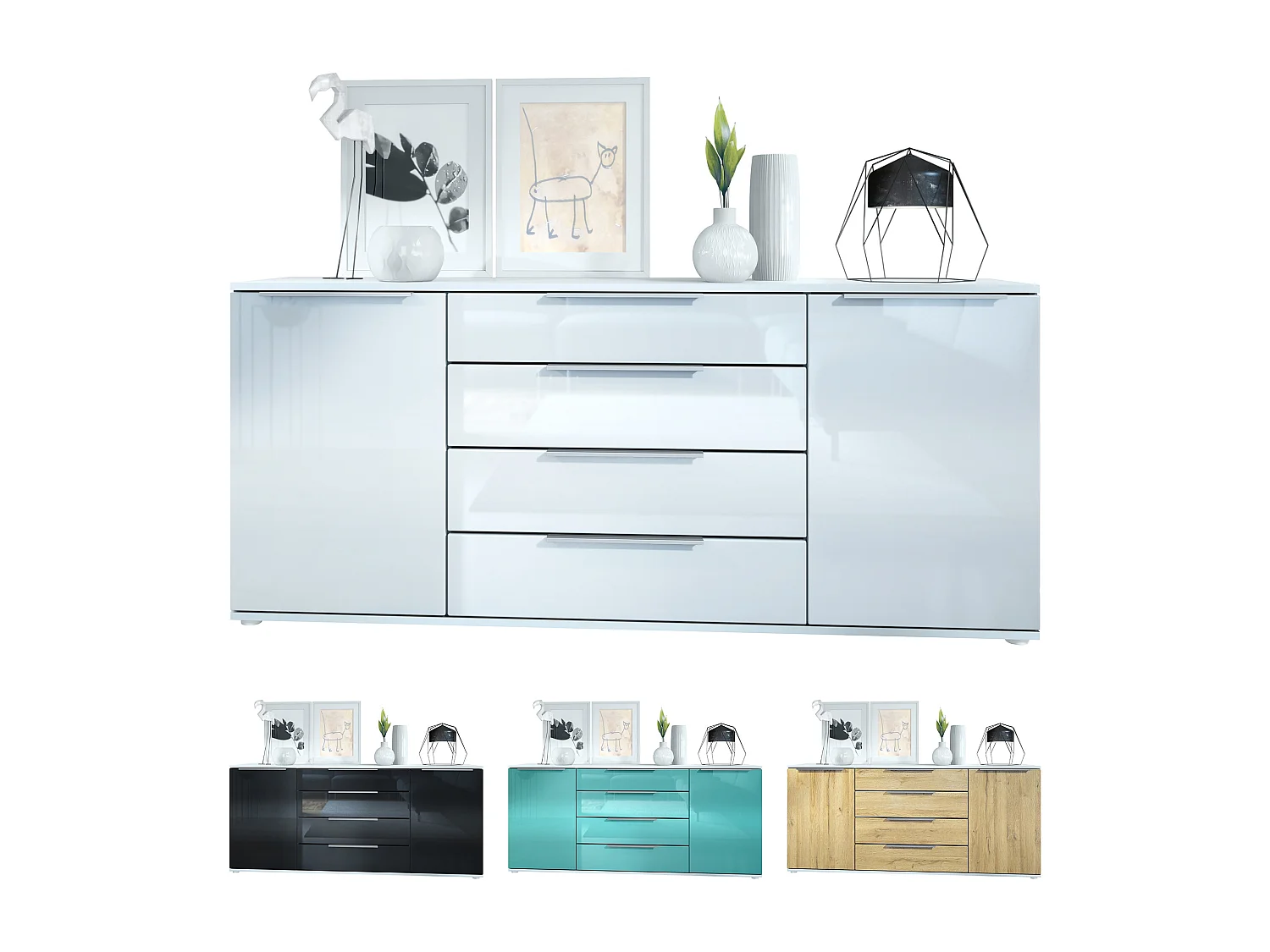 Buffet Linio V2 – Commode moderne avec 2 portes et 4 tiroirs, blanc mat/gris sable haute brillance, 166,5 x 75,5 x 35 cm (L x H x P) – Meuble de rangement bahut