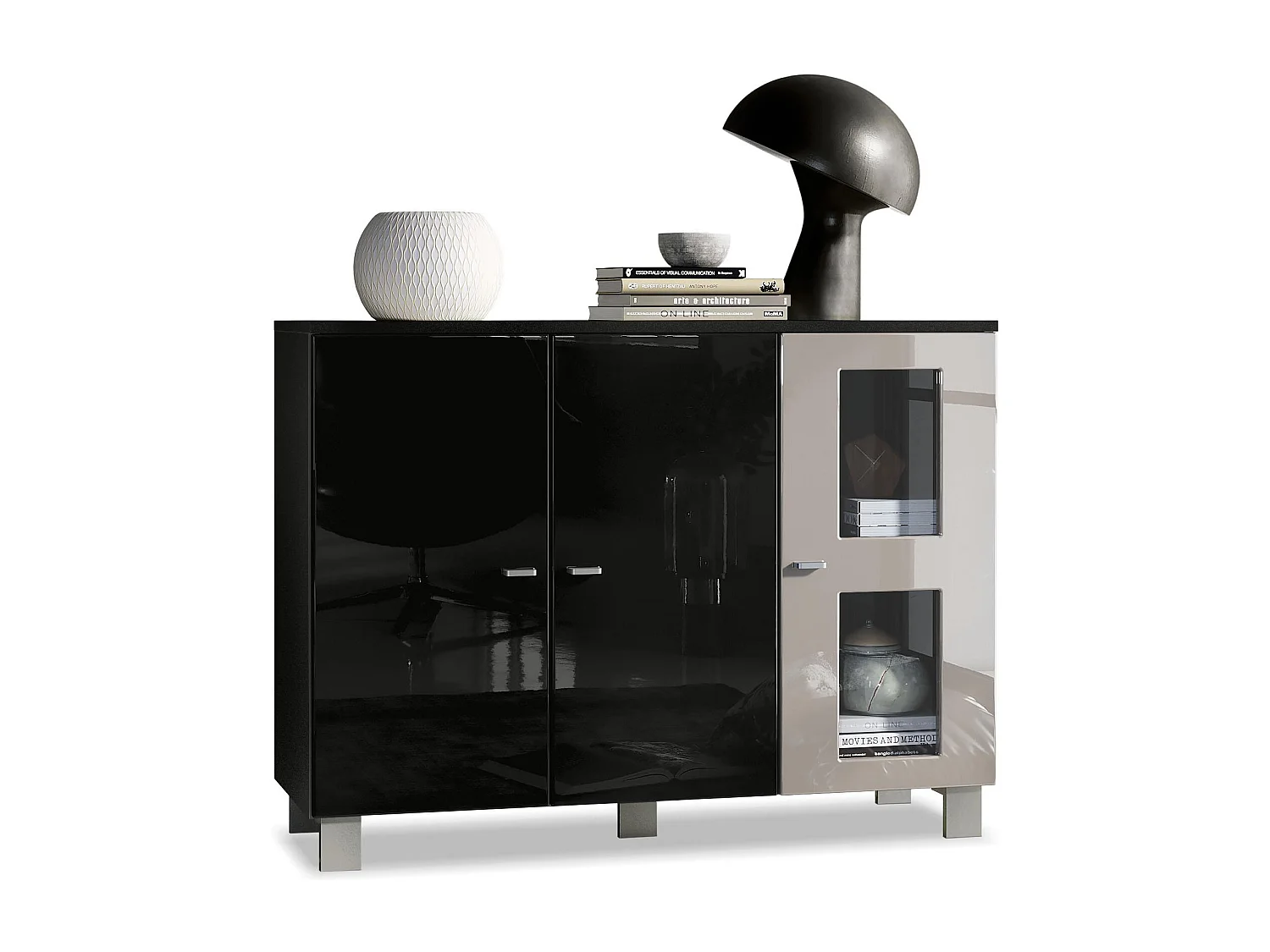 Buffet Denjo, Commode avec 3 portes, Noir mat/Noir haute brillance/Gris sable haute brillance (107 x 81 x 35 cm)