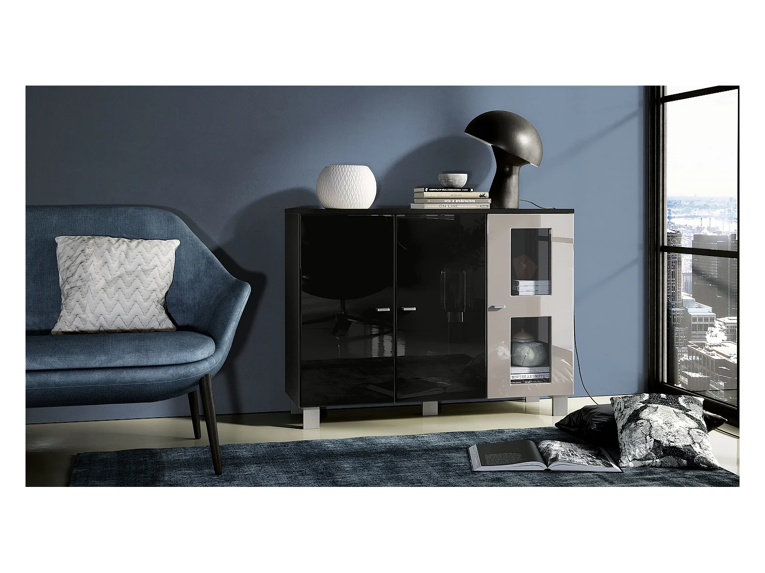 Buffet Denjo, Commode avec 3 portes, Noir mat/Noir haute brillance/Gris sable haute brillance (107 x 81 x 35 cm)