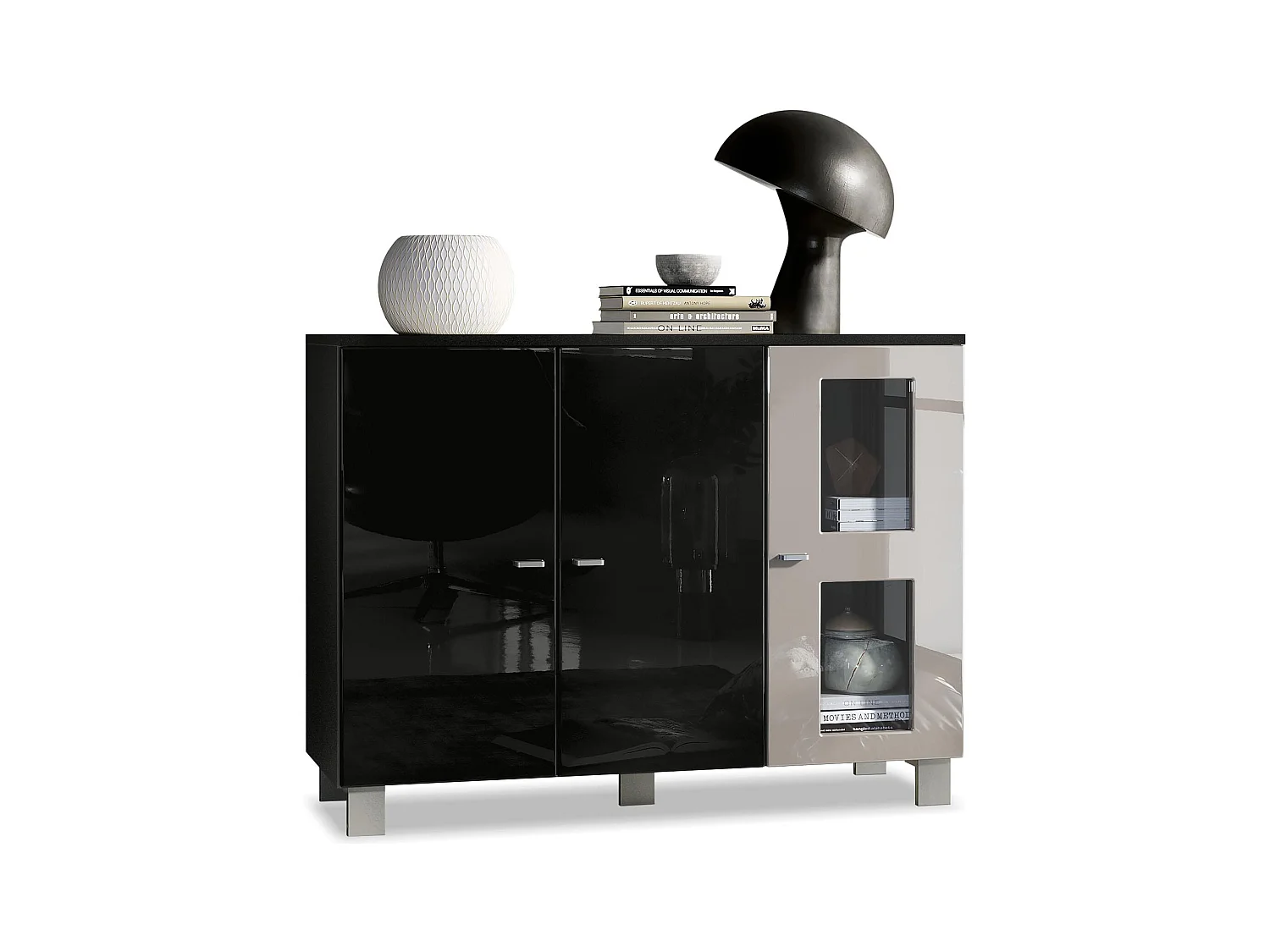 Buffet Denjo, Commode avec 3 portes, Noir mat/Noir haute brillance/Gris sable haute brillance (107 x 81 x 35 cm)