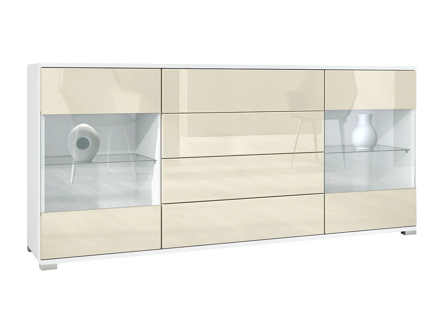 Buffet Bari V2 – Meuble avec 2 Grandes Portes et 4 Tiroirs, blanc mat/crème haute brillance (166,5 x 75,5 x 35)