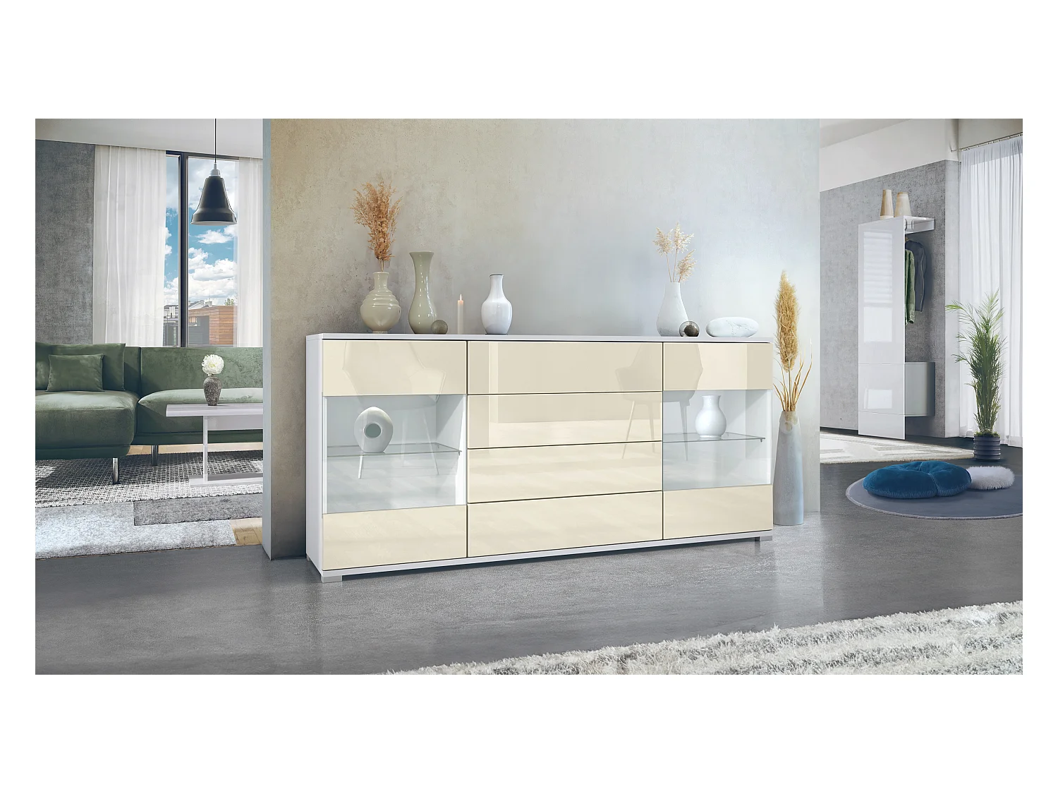 Buffet Bari V2 – Meuble avec 2 Grandes Portes et 4 Tiroirs, blanc mat/crème haute brillance (166,5 x 75,5 x 35)