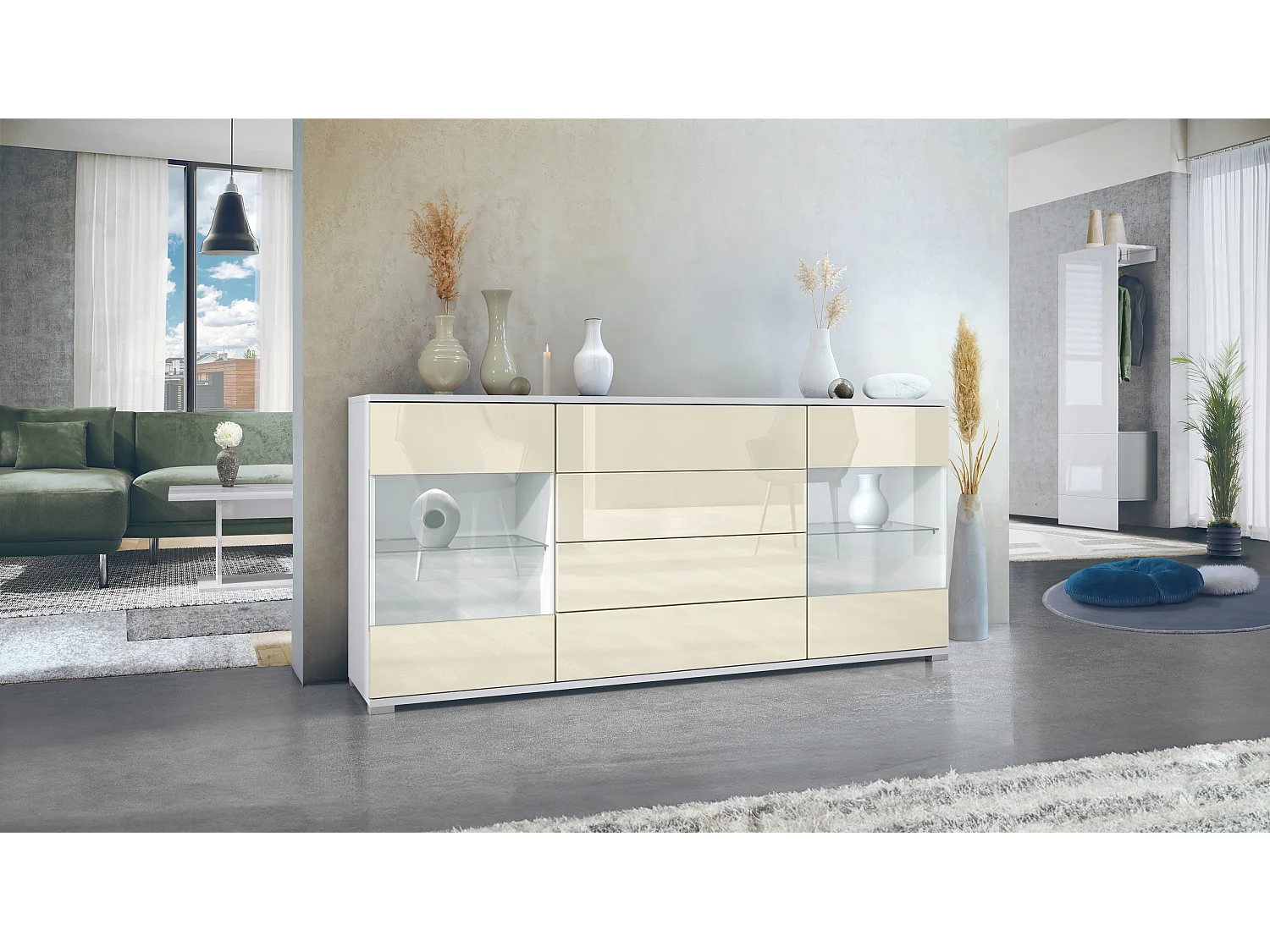Buffet Bari V2 – Meuble avec 2 Grandes Portes et 4 Tiroirs, blanc mat/crème haute brillance (166,5 x 75,5 x 35)