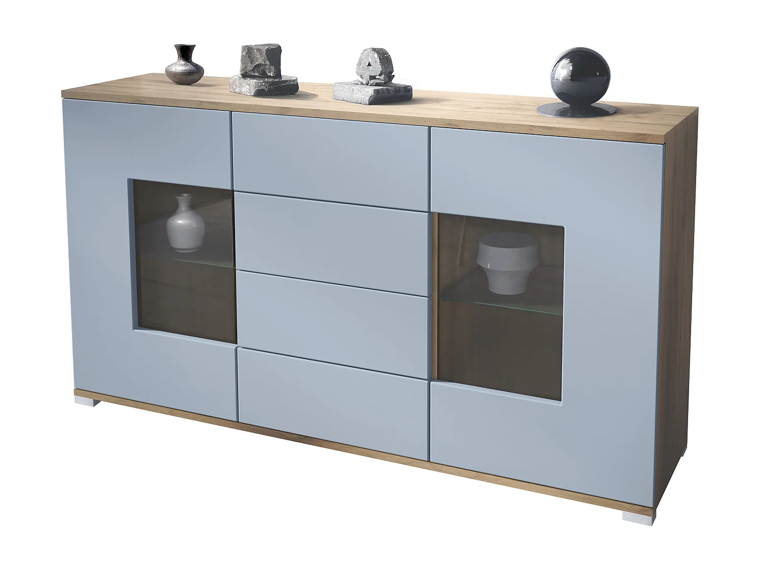 Buffet Grömitz V1 – Meuble avec 2 Grandes Portes et 4 Tiroirs, Chêne Evoke/denim mat (138,5 x 75,5 x 35)