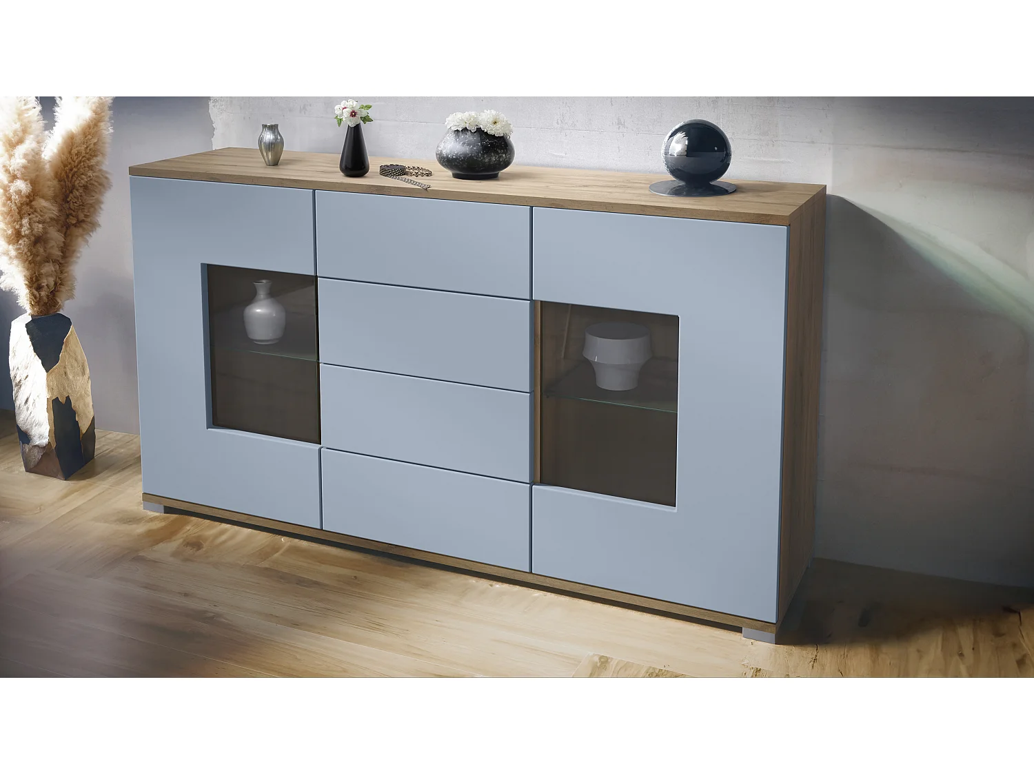 Buffet Grömitz V1 – Meuble avec 2 Grandes Portes et 4 Tiroirs, Chêne Evoke/denim mat (138,5 x 75,5 x 35)