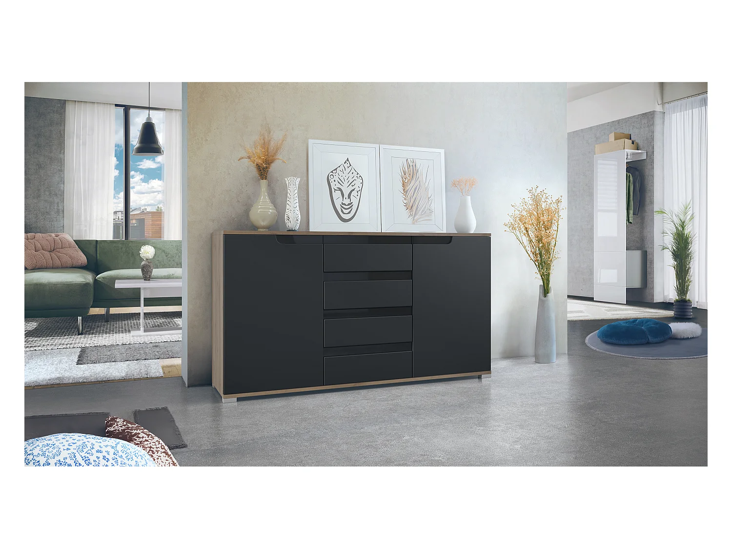 Buffet Dressoir Sylt, Corps en Noir mat / Façades en noir mat avec un decor en noir haute brillance (139 x 72 x 35)