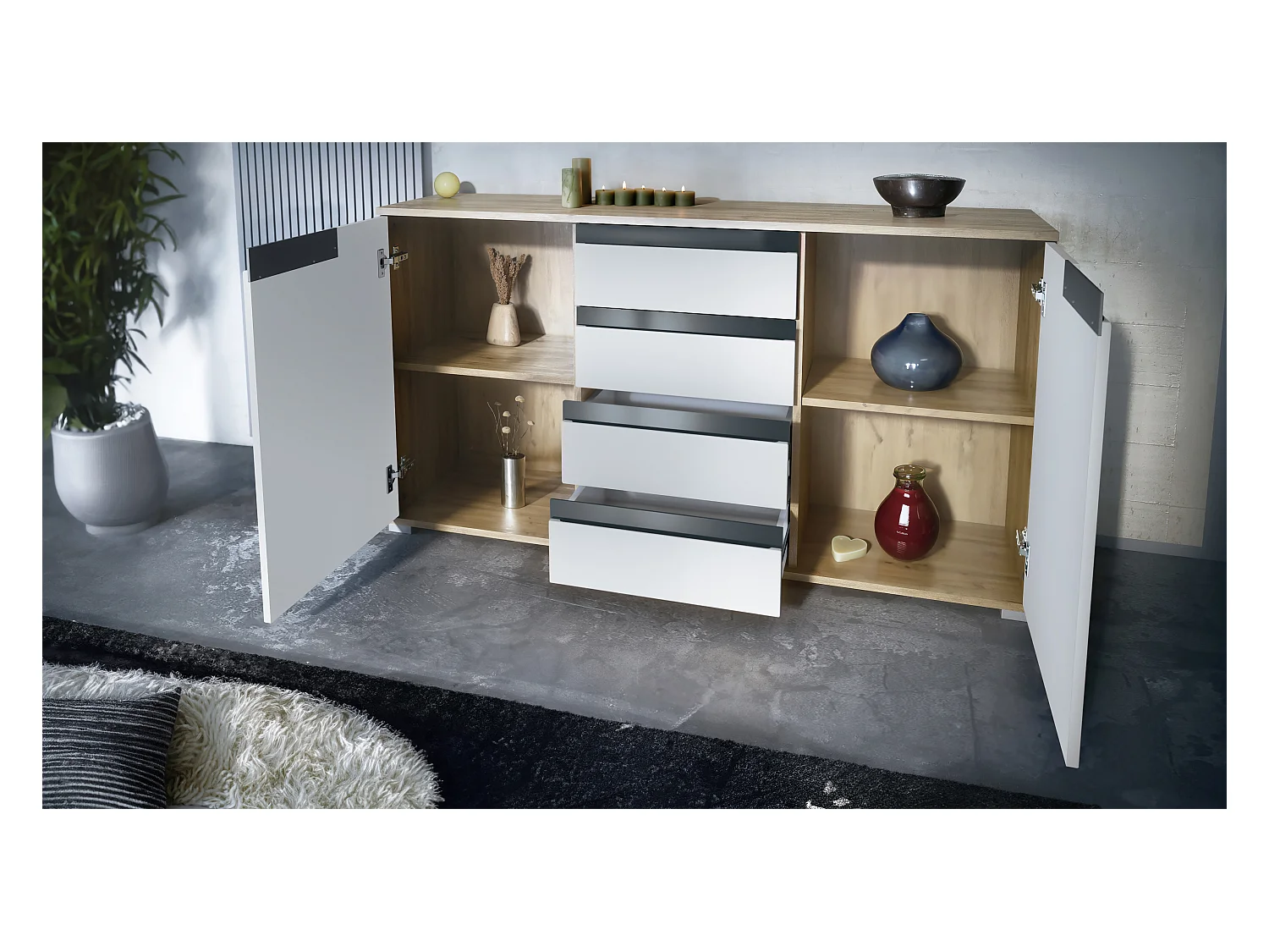 Buffet Dressoir Sylt, Corps en Noir mat / Façades en noir mat avec un decor en noir haute brillance (139 x 72 x 35)