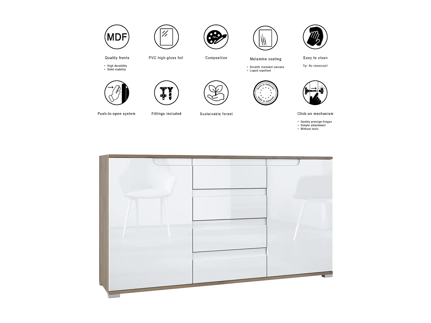 Buffet Dressoir Sylt, Corps en Noir mat / Façades en noir mat avec un decor en noir haute brillance (139 x 72 x 35)