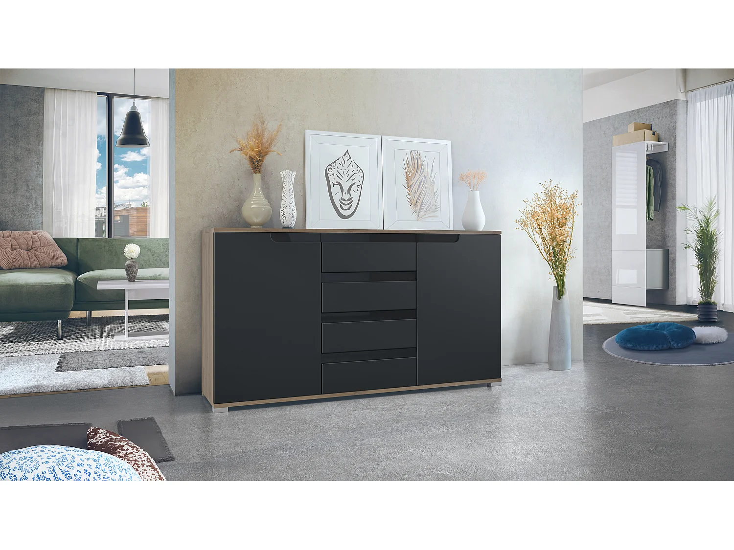 Aparador Cómoda Sylt , cuerpo en negro mate / Frente en negro mate con molduras en negro de alto brillo (139 x 72 x 35)