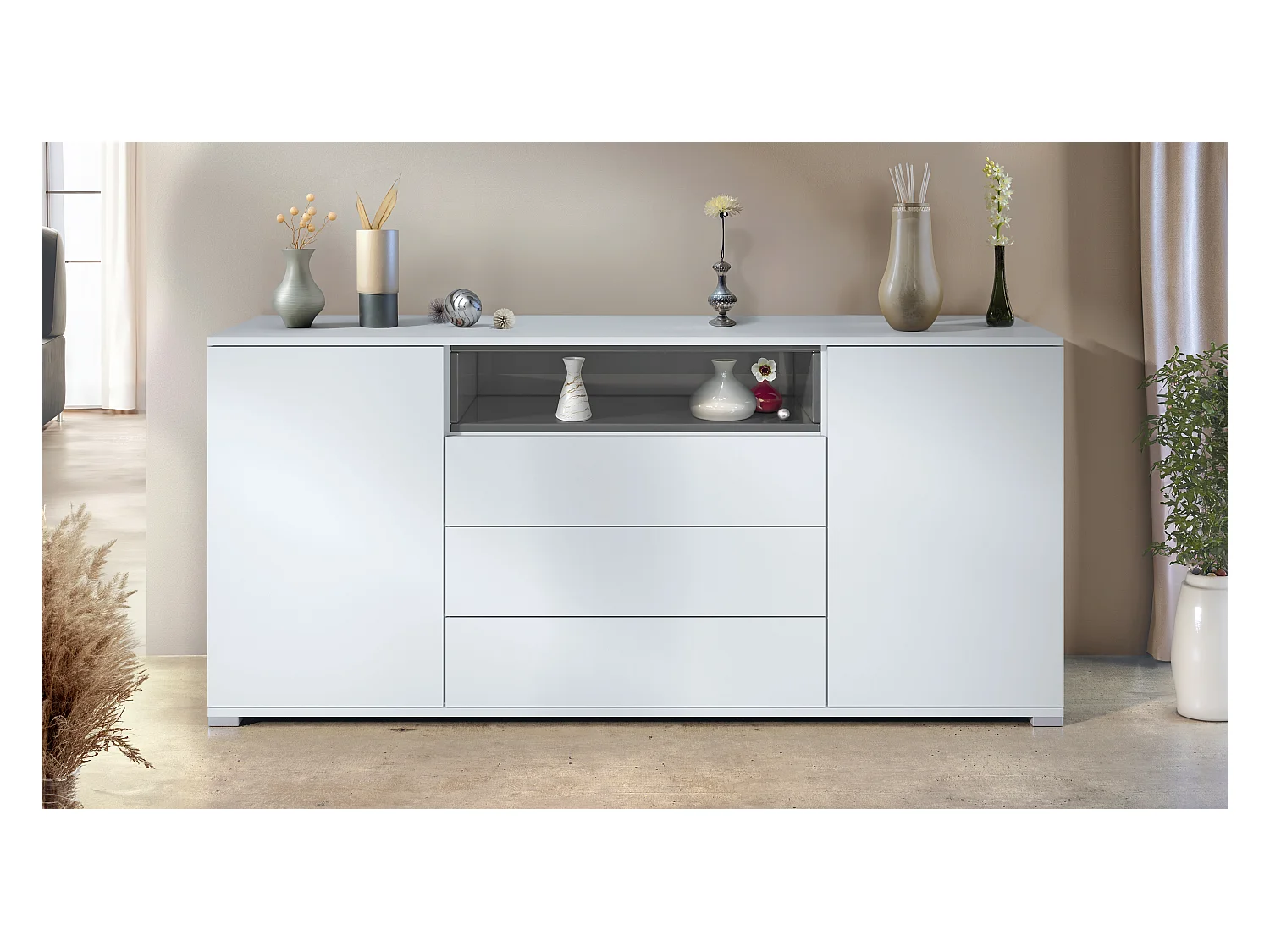 Skadu V4 Buffet, Commode avec 2 portes, 3 tiroirs et 1 compartiment ouvert, blanc mat/gris haute brillance (166,5 x 75,5 x 35 cm)
