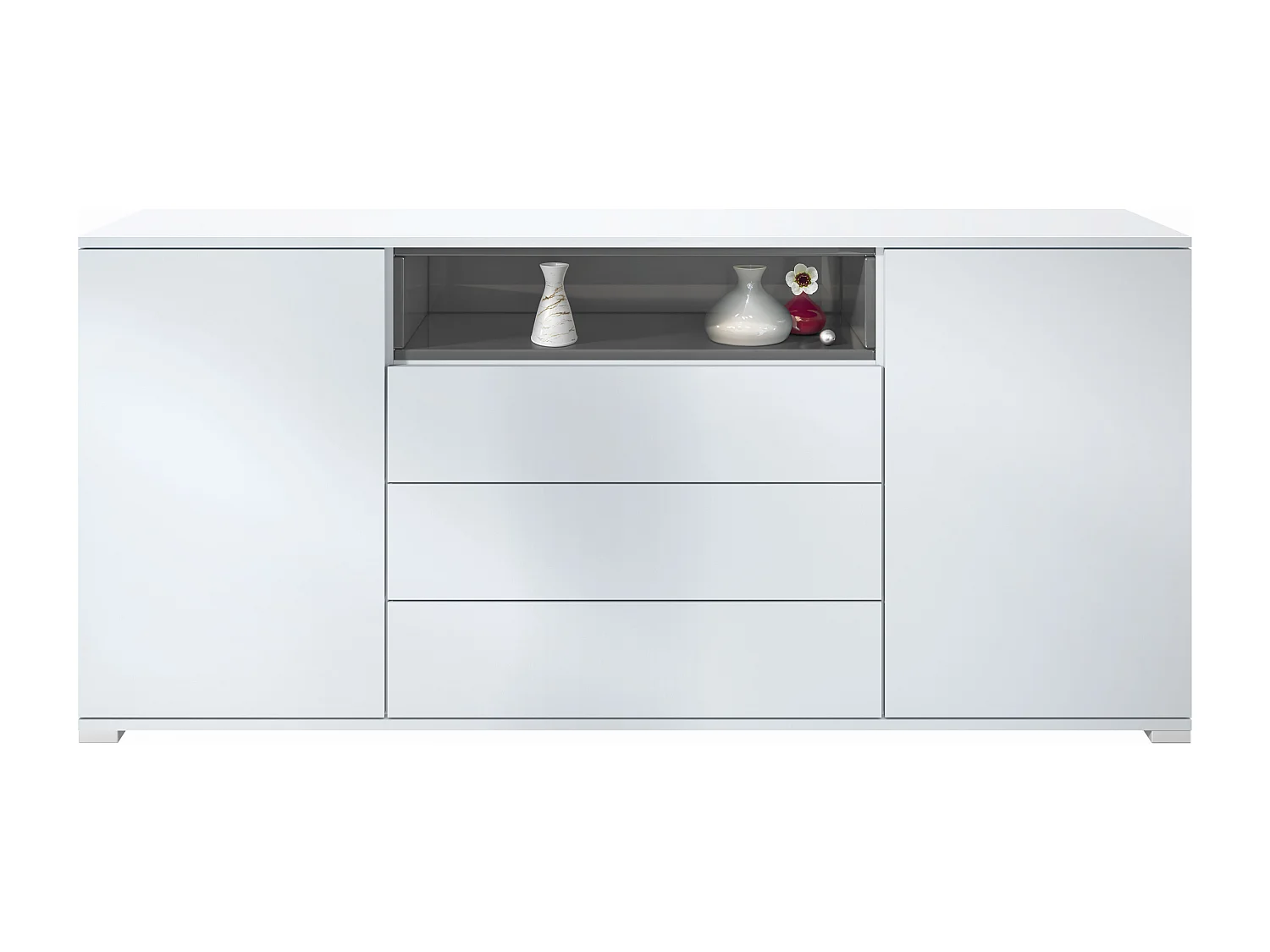 Skadu V4 Buffet, Commode avec 2 portes, 3 tiroirs et 1 compartiment ouvert, blanc mat/gris haute brillance (166,5 x 75,5 x 35 cm)