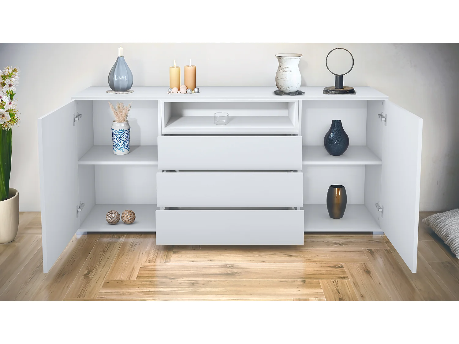 Skadu V4 Buffet, Commode avec 2 portes, 3 tiroirs et 1 compartiment ouvert, blanc mat/gris haute brillance (166,5 x 75,5 x 35 cm)