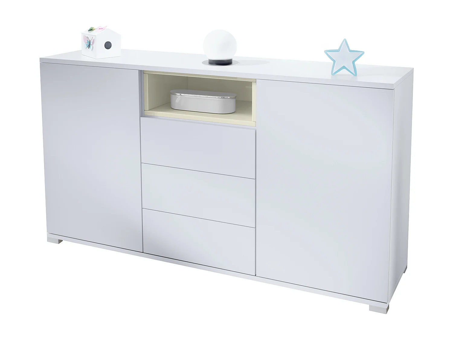 Skadu V2 Buffet, Commode avec 2 portes, 3 tiroirs et 1 compartiment ouvert, blanc mat/crème haute brillance (138,5 x 75,5 x 35 cm)