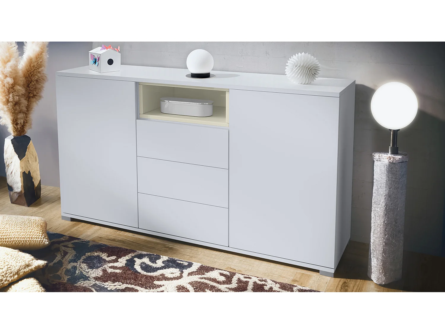 Skadu V2 Buffet, Commode avec 2 portes, 3 tiroirs et 1 compartiment ouvert, blanc mat/crème haute brillance (138,5 x 75,5 x 35 cm)
