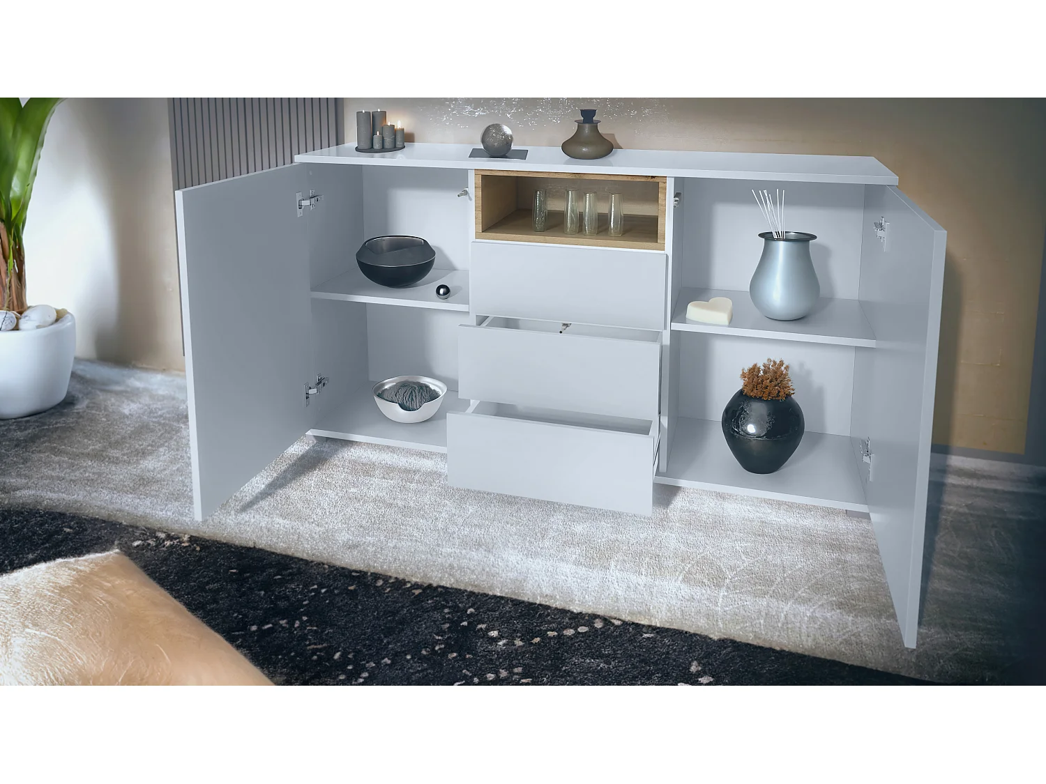Skadu V2 Buffet, Commode avec 2 portes, 3 tiroirs et 1 compartiment ouvert, blanc mat/crème haute brillance (138,5 x 75,5 x 35 cm)