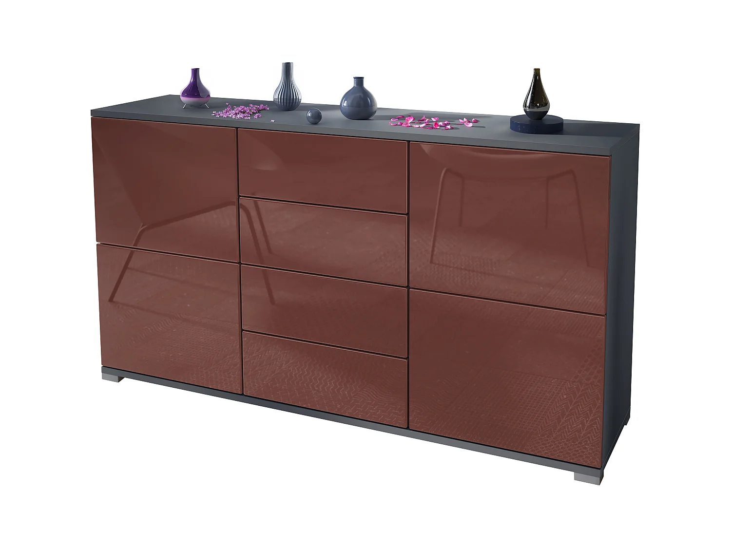 Buffet Rova V1 – Meuble avec 4 Portes et 4 Tiroirs, anthracite mat/bordeaux haute brillance (138,5 x 75,5 x 35)