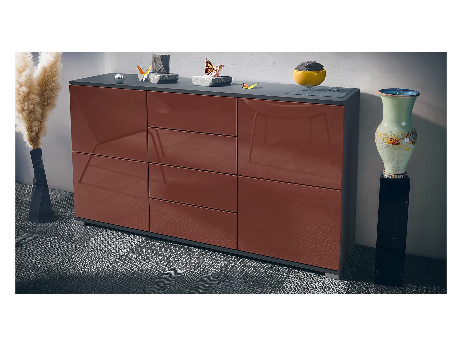 Buffet Rova V1 – Meuble avec 4 Portes et 4 Tiroirs, anthracite mat/bordeaux haute brillance (138,5 x 75,5 x 35)