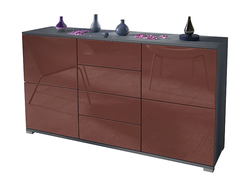 Credenza Rova V1 – Mobile con 4 Ante e 4 Cassetti, antracite opaco /bordeaux lucido (138,5 x 75,5 x 35)